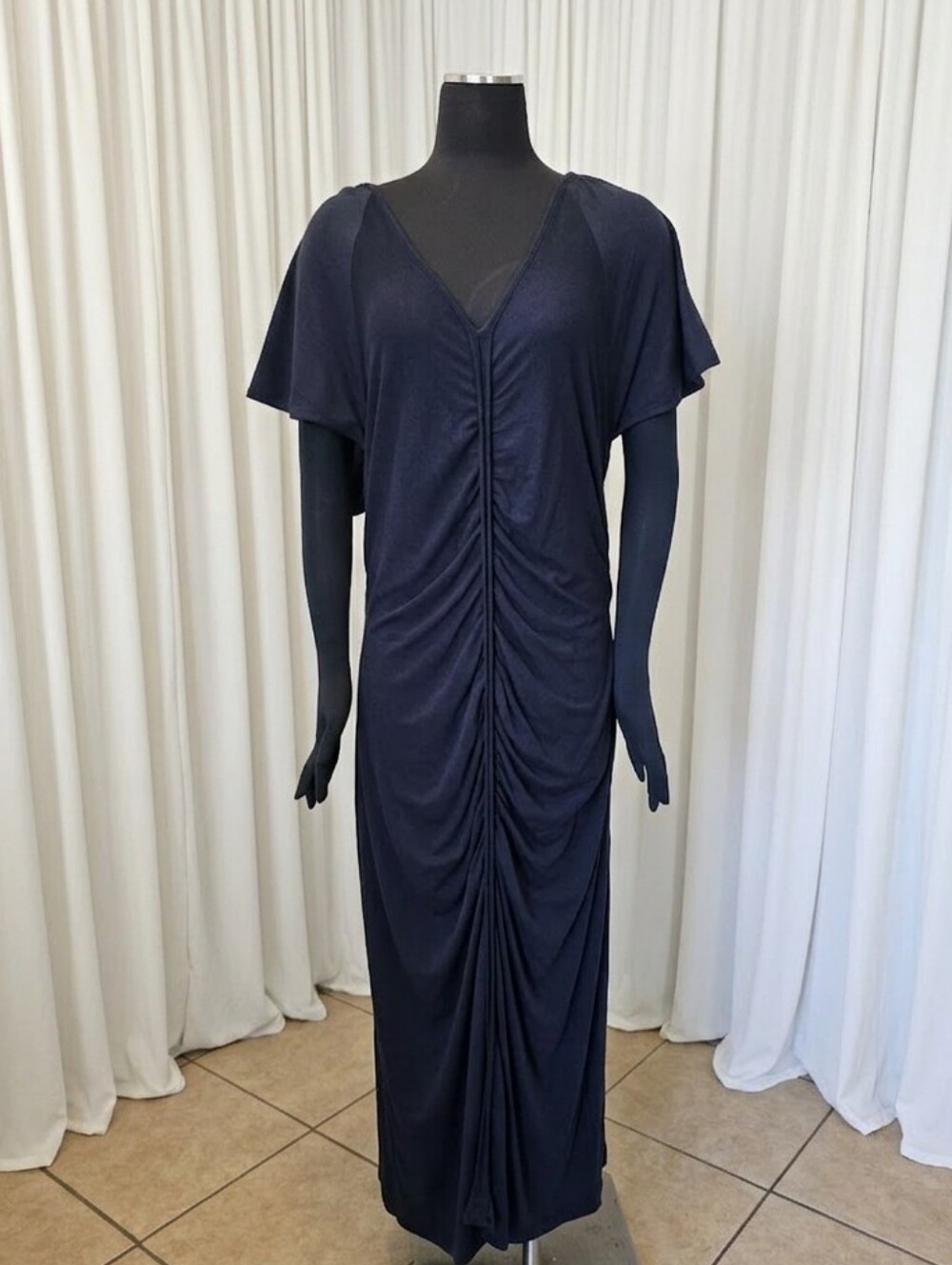 Soft Joie Navy Ruched V-Neck Maxi with Short Sleeves